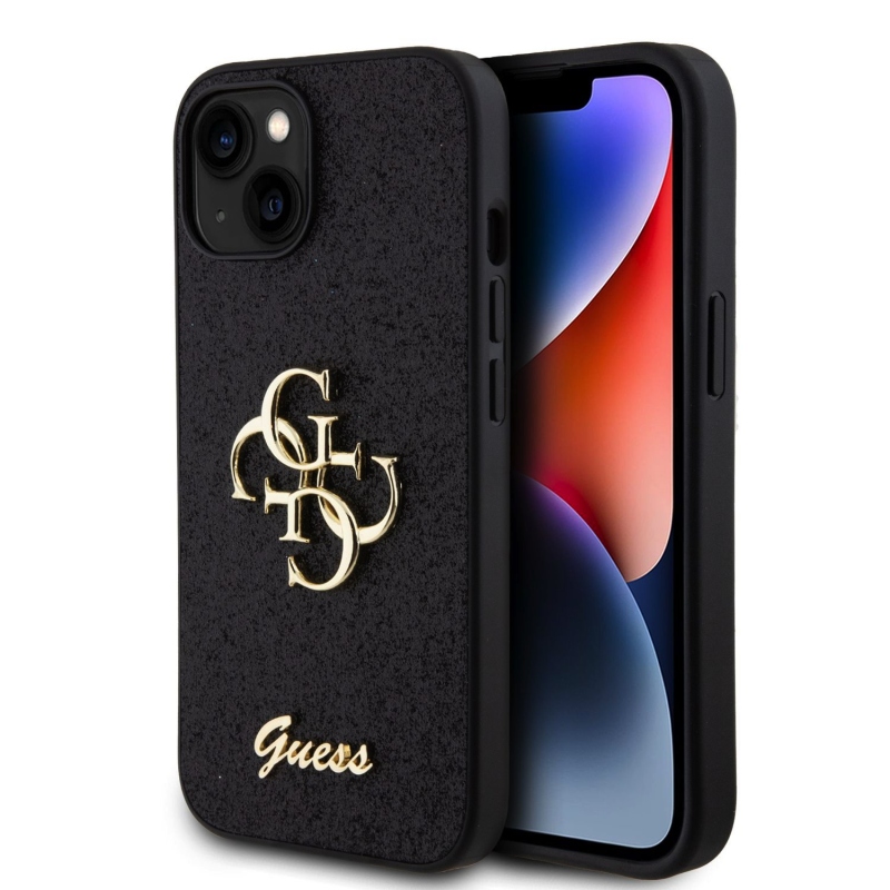 Guess PU Fixed Glitter 4G Metal Logo Zadný Kryt pre iPhone 13 Black