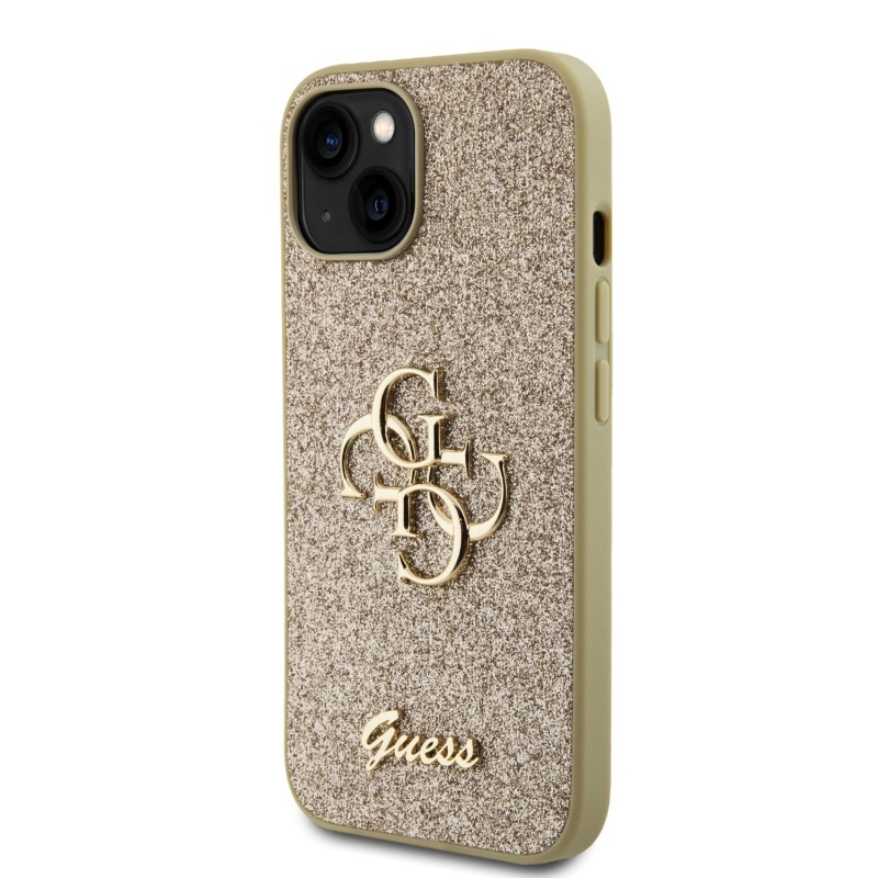 Guess PU Fixed Glitter 4G Metal Logo Zadný Kryt pre iPhone 13 Gold