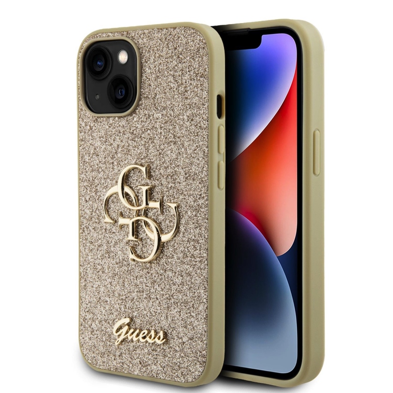 Guess PU Fixed Glitter 4G Metal Logo Zadný Kryt pre iPhone 13 Gold