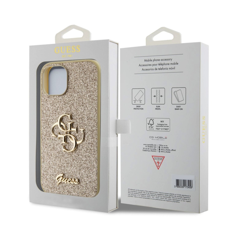 Guess PU Fixed Glitter 4G Metal Logo Zadný Kryt pre iPhone 13 Gold