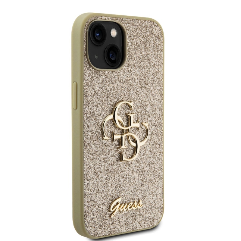 Guess PU Fixed Glitter 4G Metal Logo Zadný Kryt pre iPhone 13 Gold