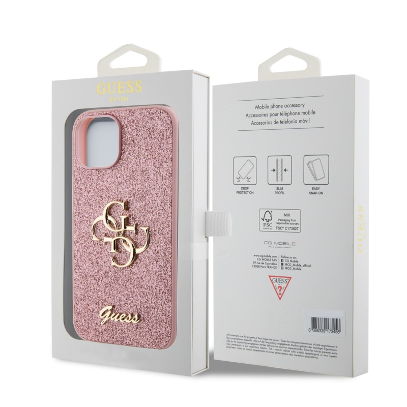 Guess PU Fixed Glitter 4G Metal Logo Zadný Kryt pre iPhone 13 Pink