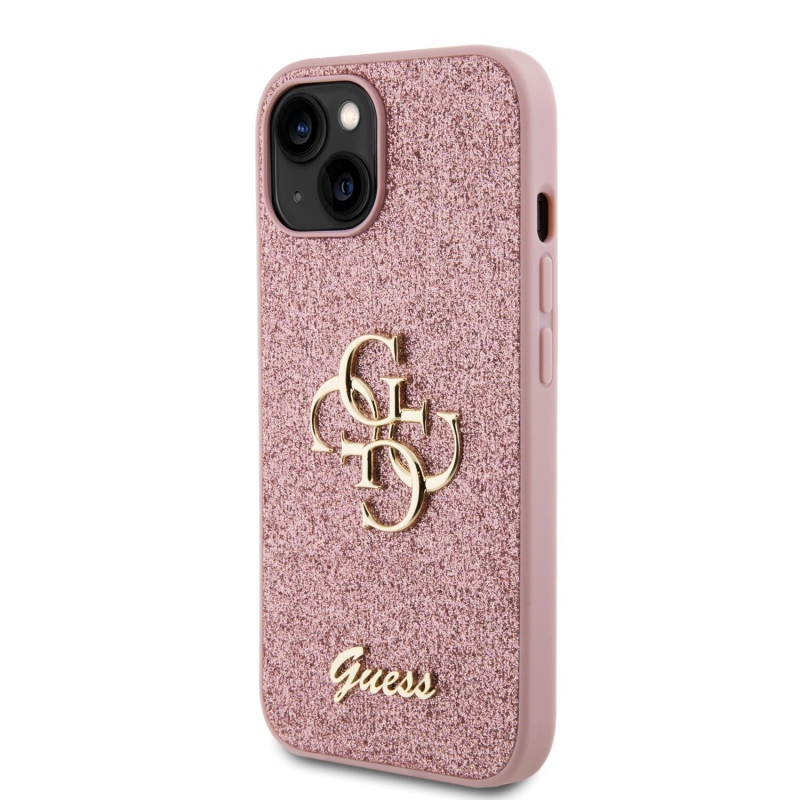 Guess PU Fixed Glitter 4G Metal Logo Zadný Kryt pre iPhone 13 Pink