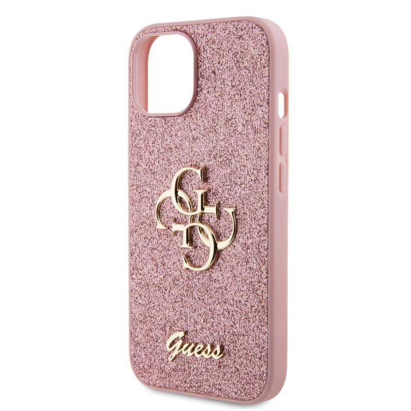 Guess PU Fixed Glitter 4G Metal Logo Zadný Kryt pre iPhone 13 Pink