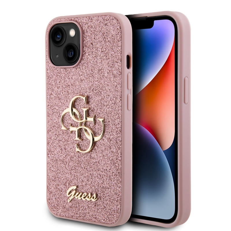 Guess PU Fixed Glitter 4G Metal Logo Zadný Kryt pre iPhone 13 Pink