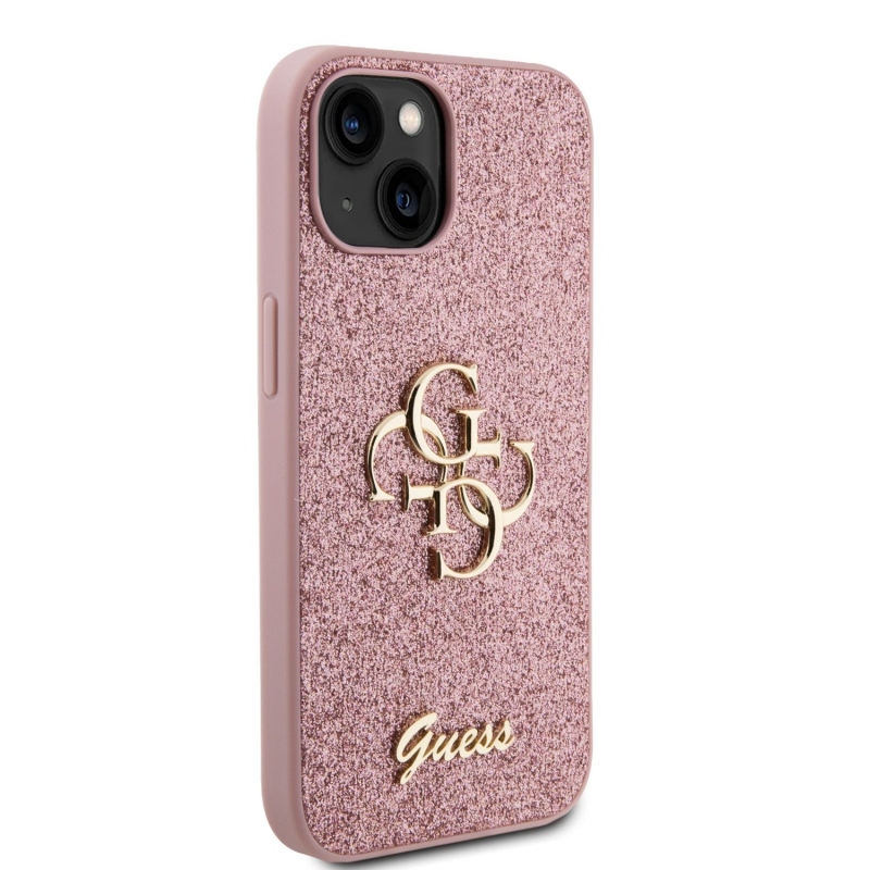 Guess PU Fixed Glitter 4G Metal Logo Zadný Kryt pre iPhone 13 Pink