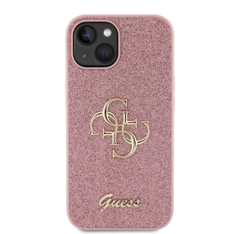 Guess PU Fixed Glitter 4G Metal Logo Zadný Kryt pre iPhone 13 Pink