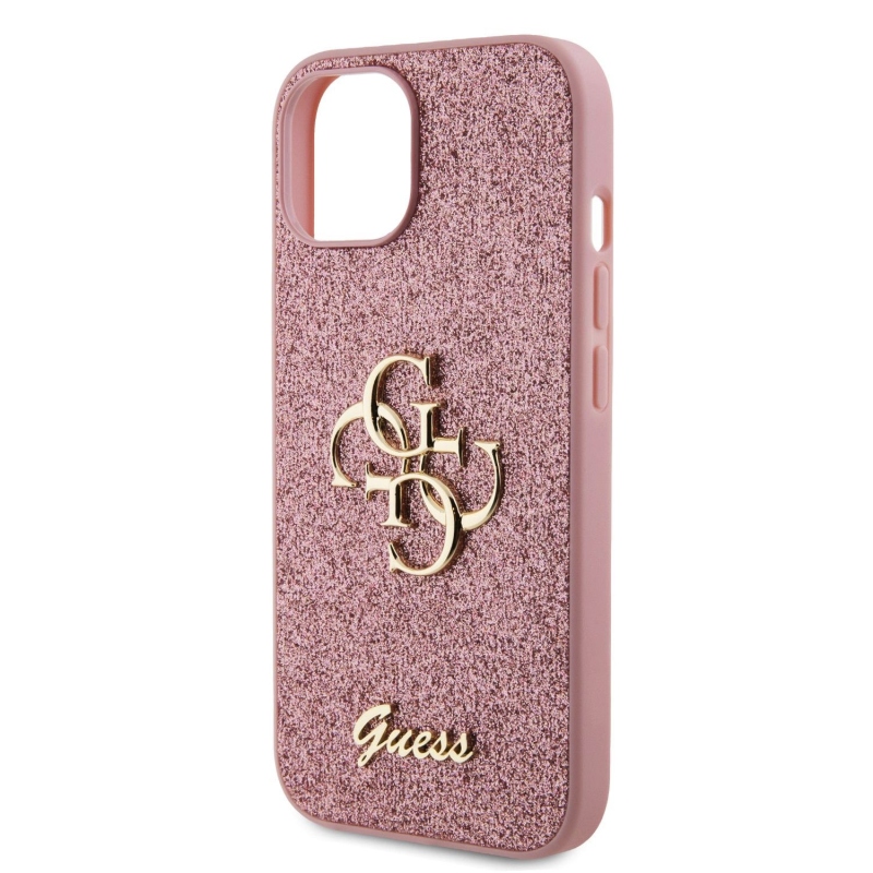 Guess PU Fixed Glitter 4G Metal Logo Zadný Kryt pre iPhone 15 Pink