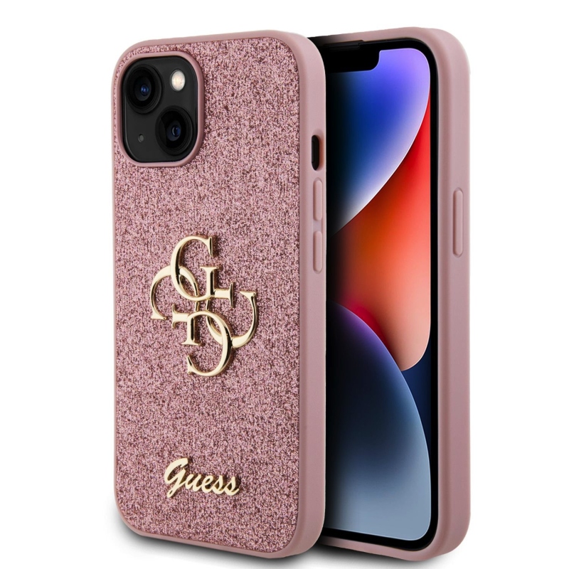 Guess PU Fixed Glitter 4G Metal Logo Zadný Kryt pre iPhone 15 Pink