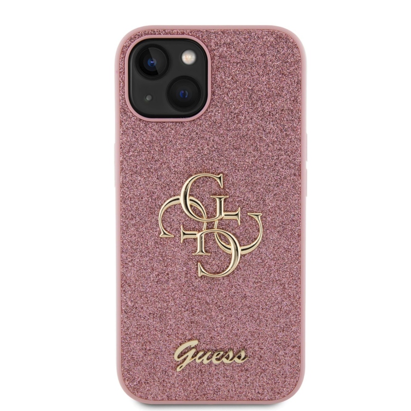 Guess PU Fixed Glitter 4G Metal Logo Zadný Kryt pre iPhone 15 Pink