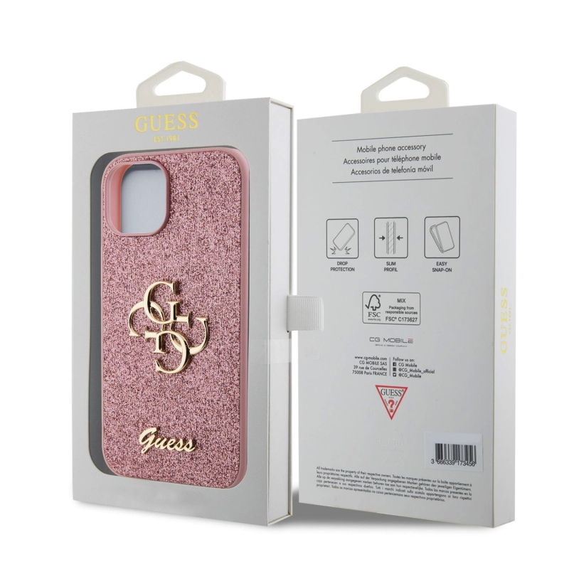 Guess PU Fixed Glitter 4G Metal Logo Zadný Kryt pre iPhone 15 Pink