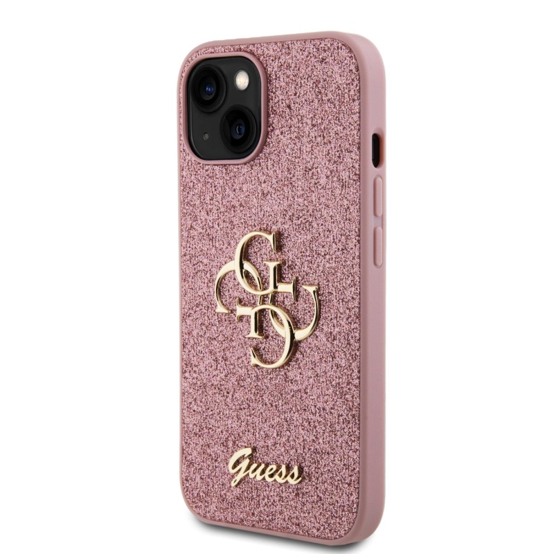 Guess PU Fixed Glitter 4G Metal Logo Zadný Kryt pre iPhone 15 Pink