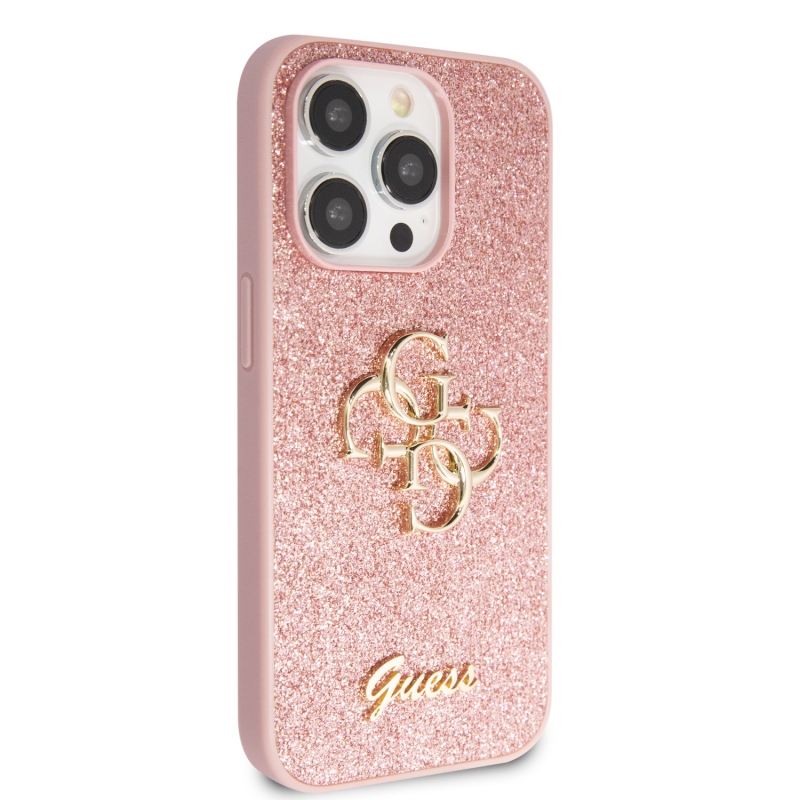 Guess PU Fixed Glitter 4G Metal Logo Zadný Kryt pre iPhone 15 Pro Pink