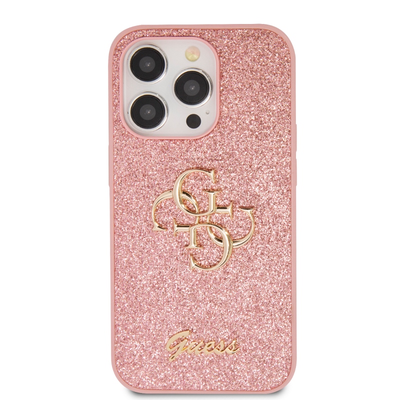 Guess PU Fixed Glitter 4G Metal Logo Zadný Kryt pre iPhone 15 Pro Pink