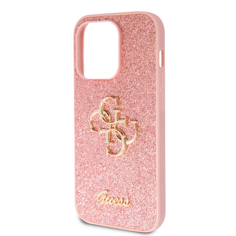 Guess PU Fixed Glitter 4G Metal Logo Zadný Kryt pre iPhone 15 Pro Pink