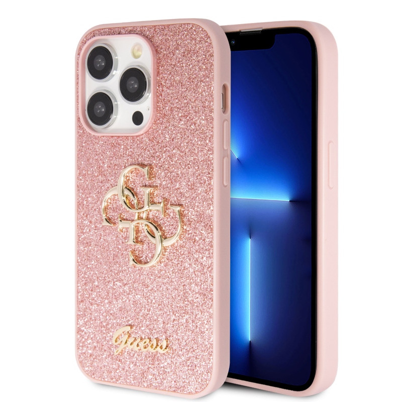 Guess PU Fixed Glitter 4G Metal Logo Zadný Kryt pre iPhone 15 Pro Pink