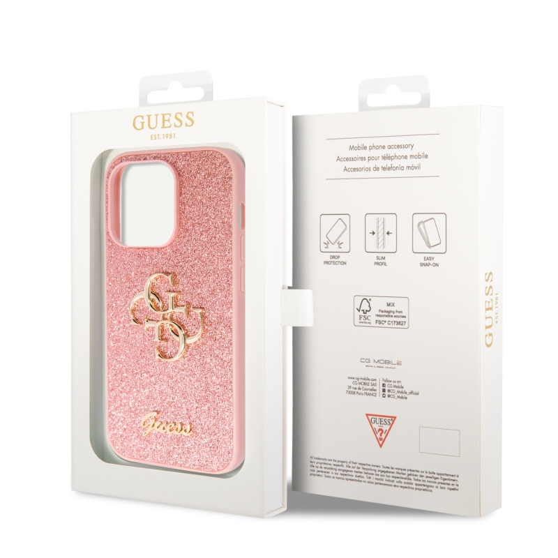 Guess PU Fixed Glitter 4G Metal Logo Zadný Kryt pre iPhone 15 Pro Pink