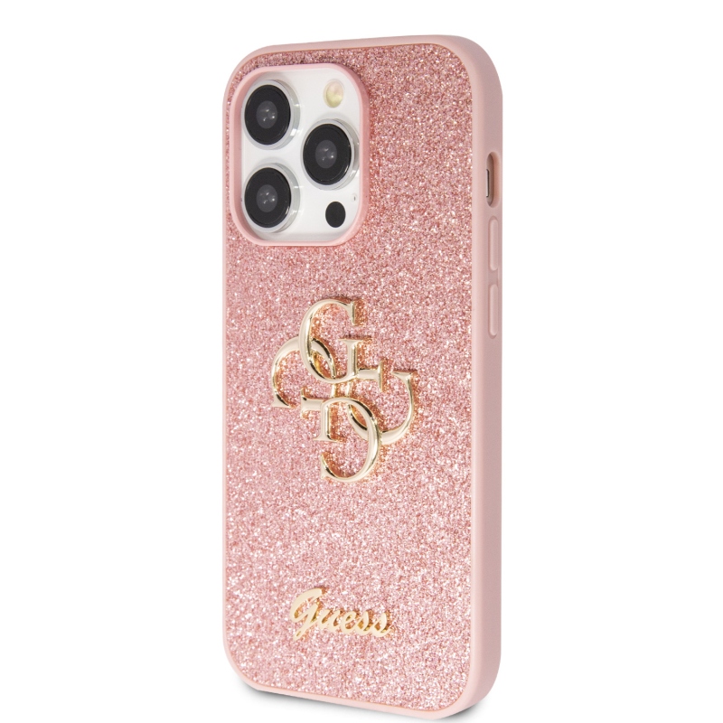 Guess PU Fixed Glitter 4G Metal Logo Zadný Kryt pre iPhone 15 Pro Pink