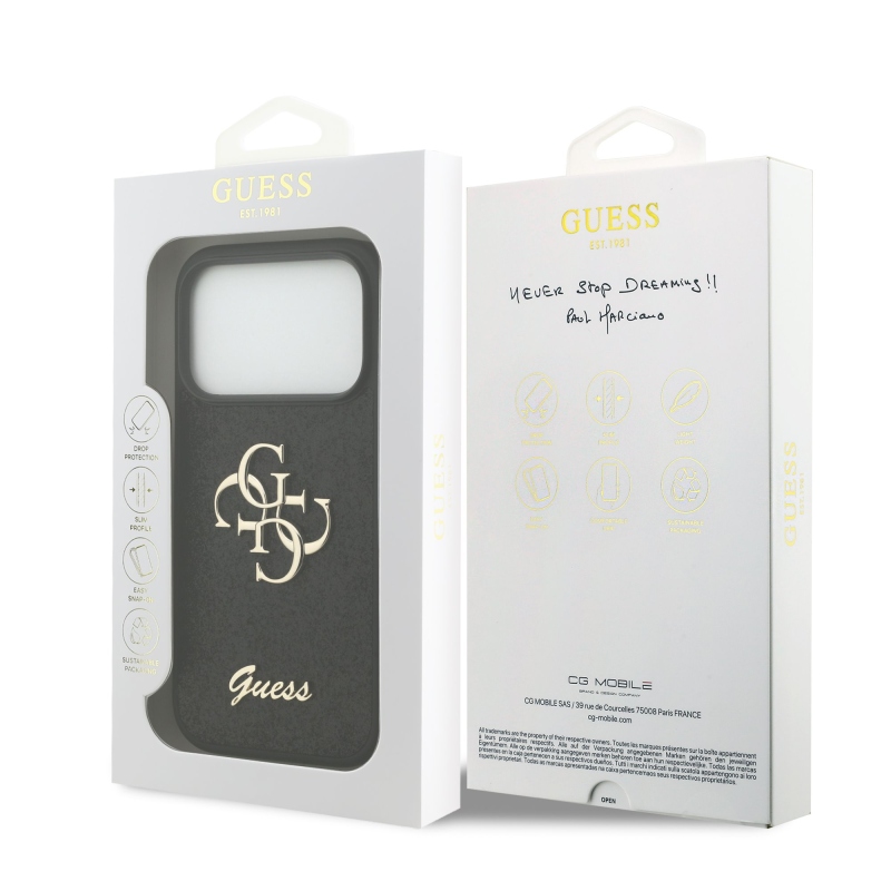 Guess PU Fixed Glitter 4G Metal Logo – zadný kryt pre iPhone 18 Pro, čierny