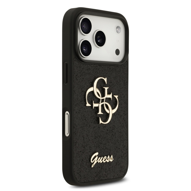 Guess PU Fixed Glitter 4G Metal Logo – zadný kryt pre iPhone 18 Pro, čierny