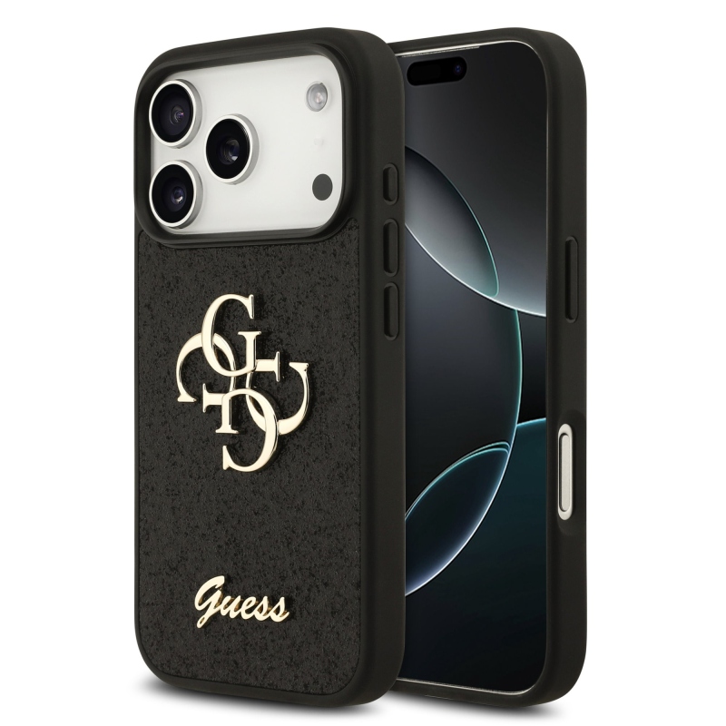 Guess PU Fixed Glitter 4G Metal Logo – zadný kryt pre iPhone 18 Pro, čierny