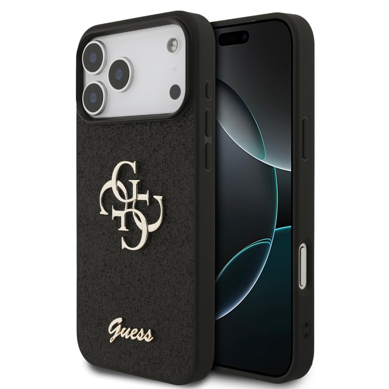 Guess PU Fixed Glitter 4G Metal Logo Zadný kryt pre iPhone 18 Pro Max, čierny