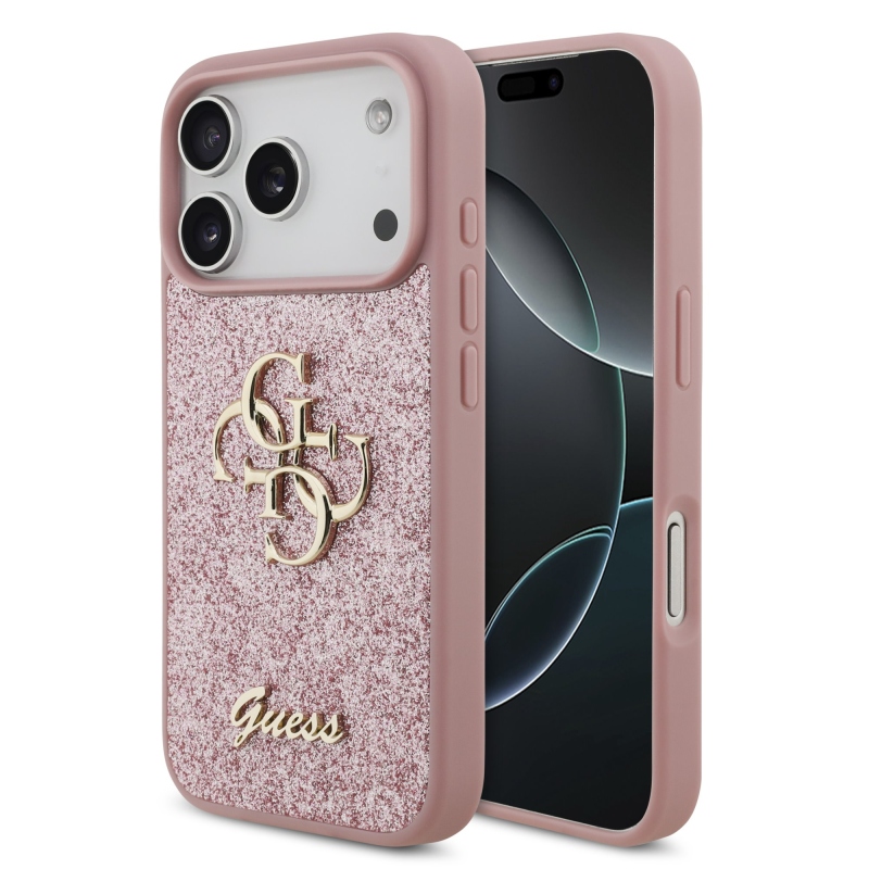 Guess PU Fixed Glitter 4G Metal Logo zadný kryt pre iPhone 18 Pro, ružový