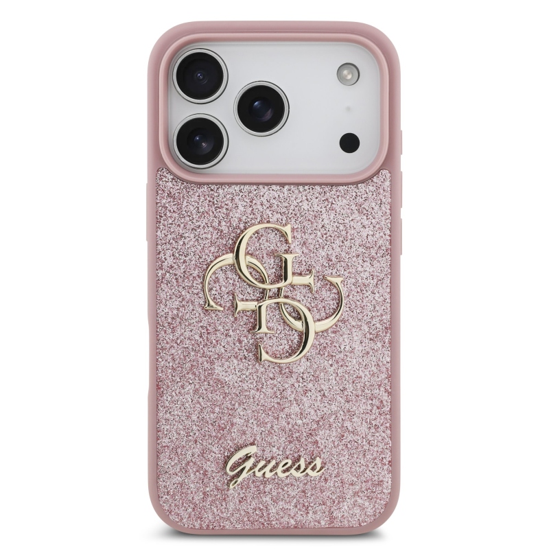 Guess PU Fixed Glitter 4G Metal Logo zadný kryt pre iPhone 18 Pro, ružový