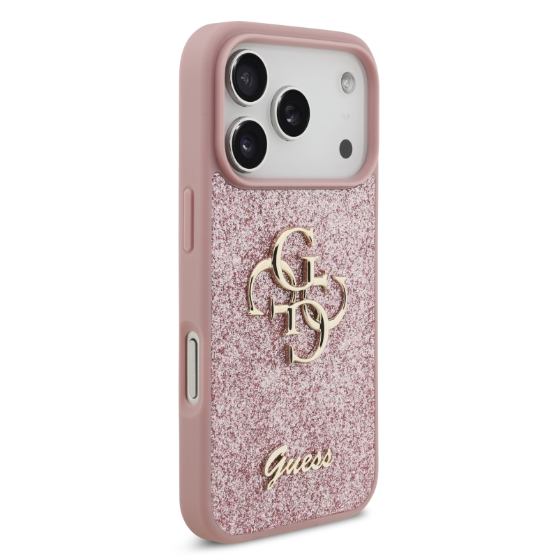 Guess PU Fixed Glitter 4G Metal Logo zadný kryt pre iPhone 18 Pro, ružový