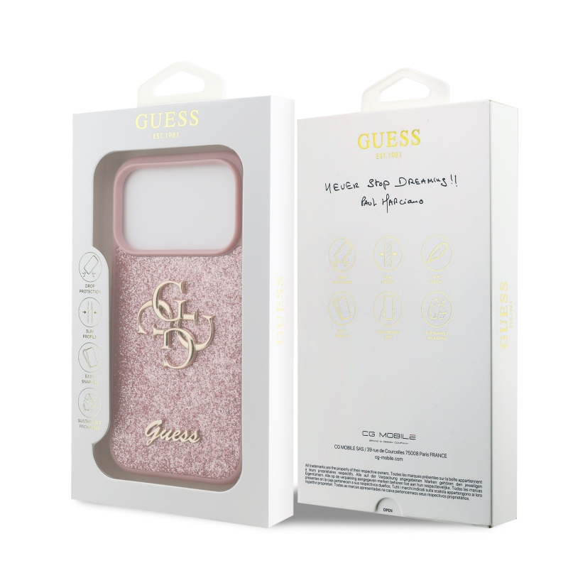 Guess PU Fixed Glitter 4G Metal Logo zadný kryt pre iPhone 18 Pro, ružový