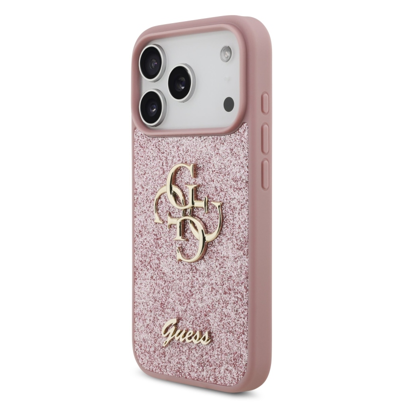 Guess PU Fixed Glitter 4G Metal Logo zadný kryt pre iPhone 18 Pro, ružový