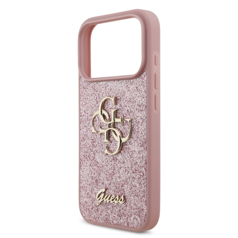 Guess PU Fixed Glitter 4G Metal Logo zadný kryt pre iPhone 18 Pro, ružový