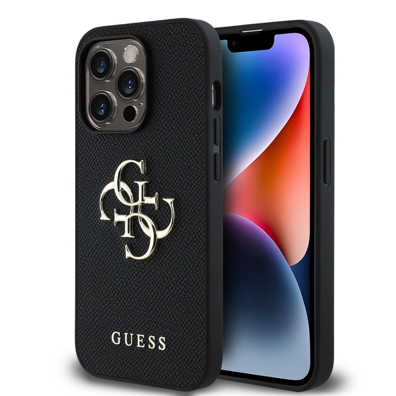 Guess PU zrnitý 4G kovový zadný kryt s logom pre iPhone 14 Pro Black