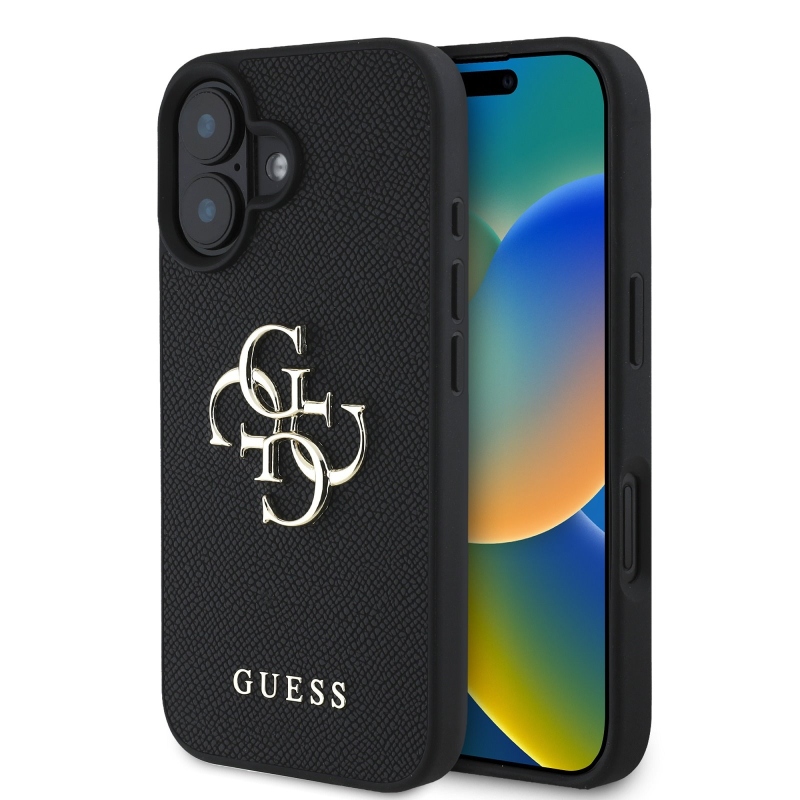 Guess PU zrnitý 4G kovový zadný kryt s logom pre iPhone 16 Black
