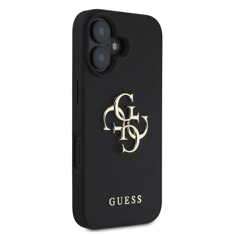 Guess PU zrnitý 4G kovový zadný kryt s logom pre iPhone 16 Black