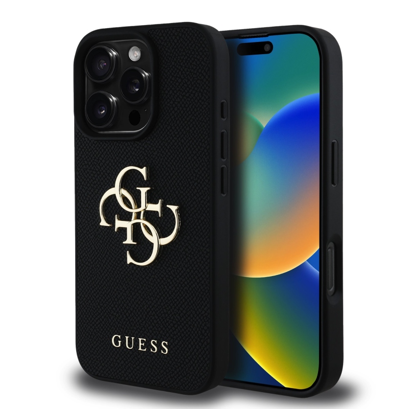 Guess PU zrnitý 4G kovový zadný kryt s logom pre iPhone 16 Pro Max Black