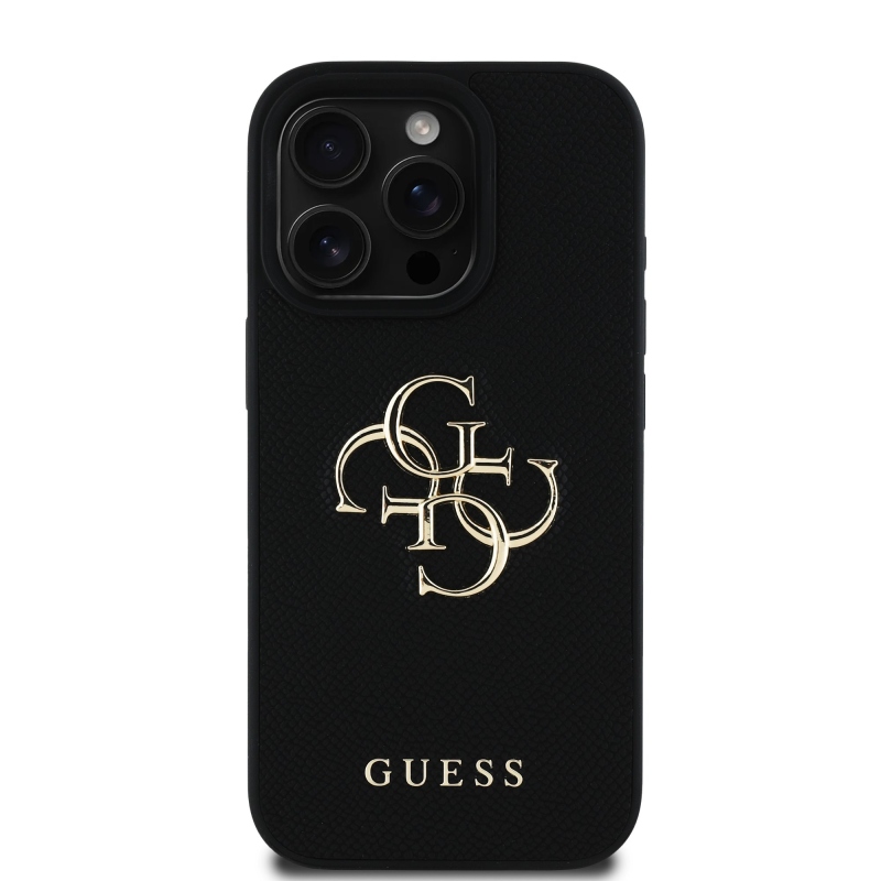 Guess PU zrnitý 4G kovový zadný kryt s logom pre iPhone 16 Pro Max Black