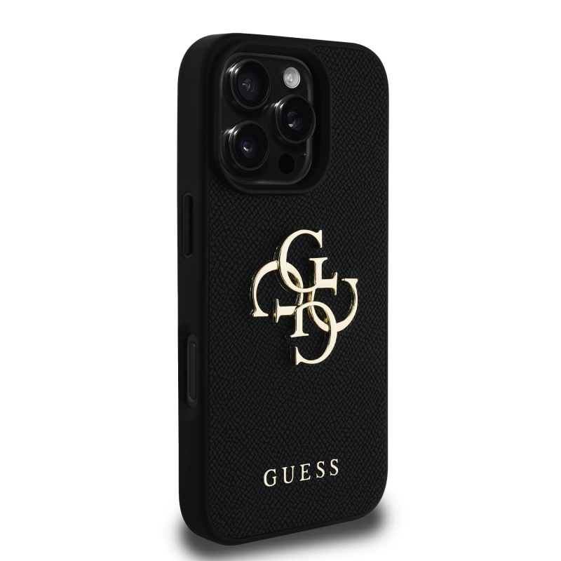 Guess PU zrnitý 4G kovový zadný kryt s logom pre iPhone 16 Pro Max Black