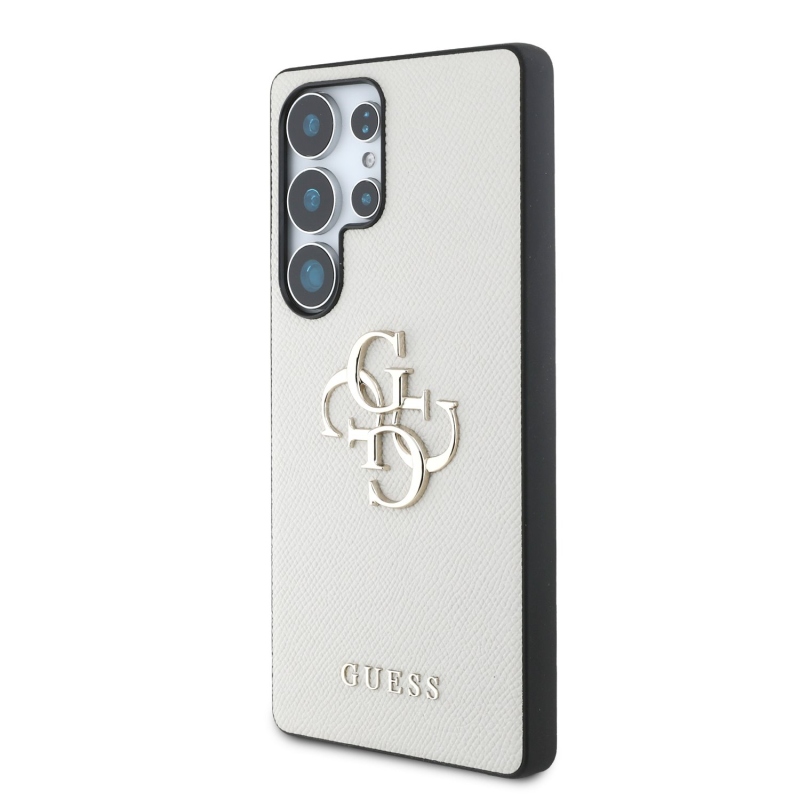Guess PU zrnitý 4G kovový zadný kryt s logom pre Samsung Galaxy S25 Ultra Beige