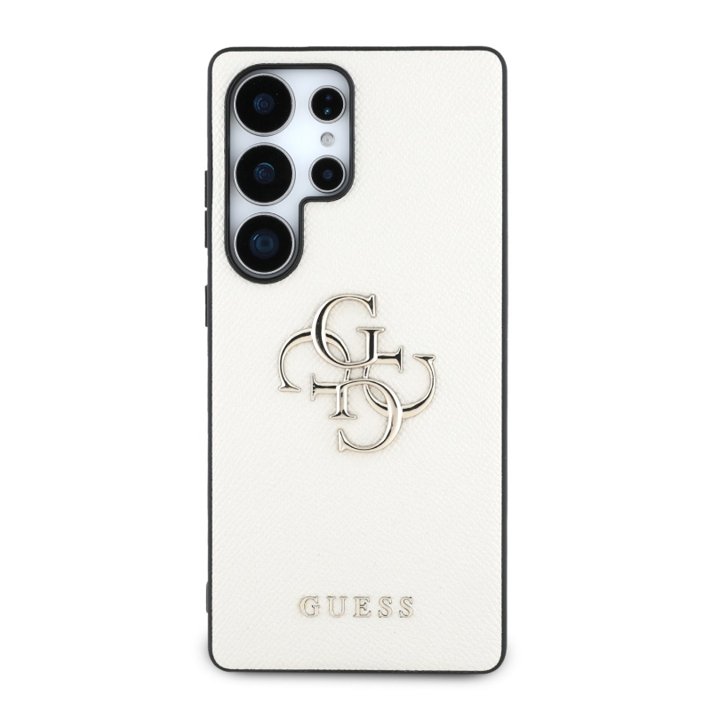 Guess PU zrnitý 4G kovový zadný kryt s logom pre Samsung Galaxy S25 Ultra Beige