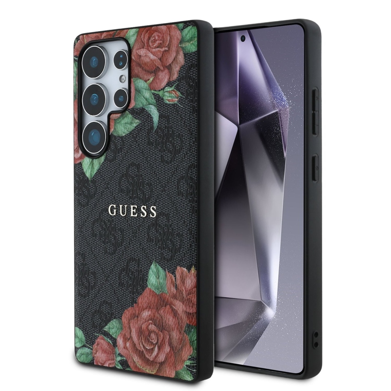 Guess PU Leather 4G Flowers Print Metal Classic Logo MagSafe Zadný Kryt pre Samsung Galaxy S25 Ultra Black