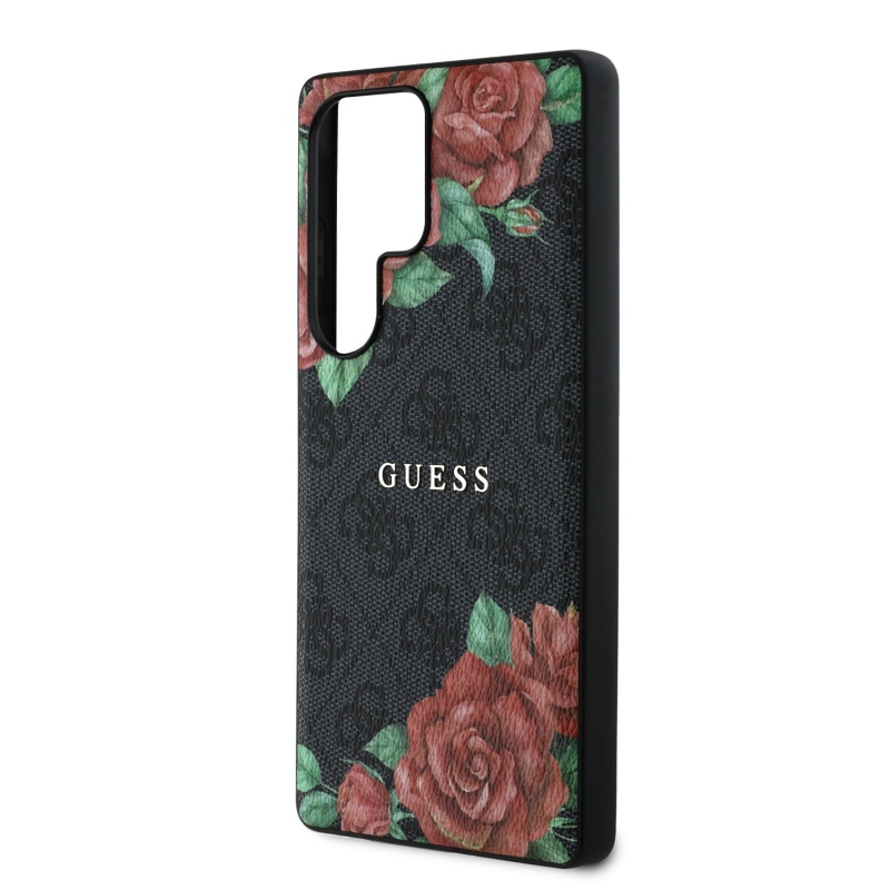 Guess PU Leather 4G Flowers Print Metal Classic Logo MagSafe Zadný Kryt pre Samsung Galaxy S25 Ultra Black