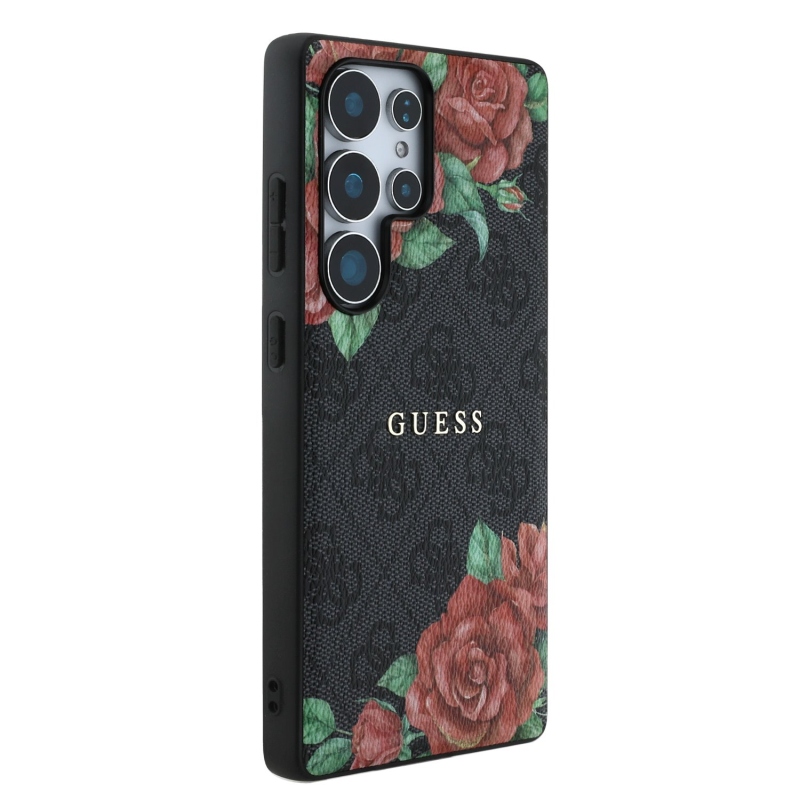 Guess PU Leather 4G Flowers Print Metal Classic Logo MagSafe Zadný Kryt pre Samsung Galaxy S25 Ultra Black