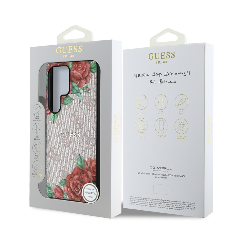 Guess PU Leather 4G Flowers Print Metal Classic Logo MagSafe Zadný Kryt pre Samsung Galaxy S25 Ultra Pink