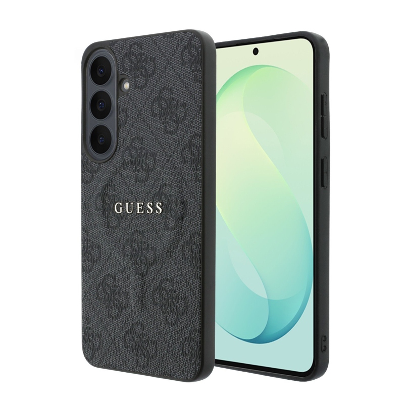 Guess PU koža 4G so zlatým rámom a magnetickým uzáverom – zadný kryt pre Samsung Galaxy S26 FE, čierny