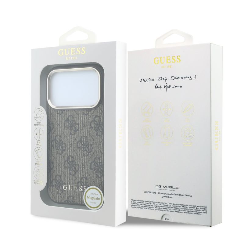 Guess PU Leather 4G Gold Frame MagSafe zadný kryt pre iPhone 18 Pro, hnedý