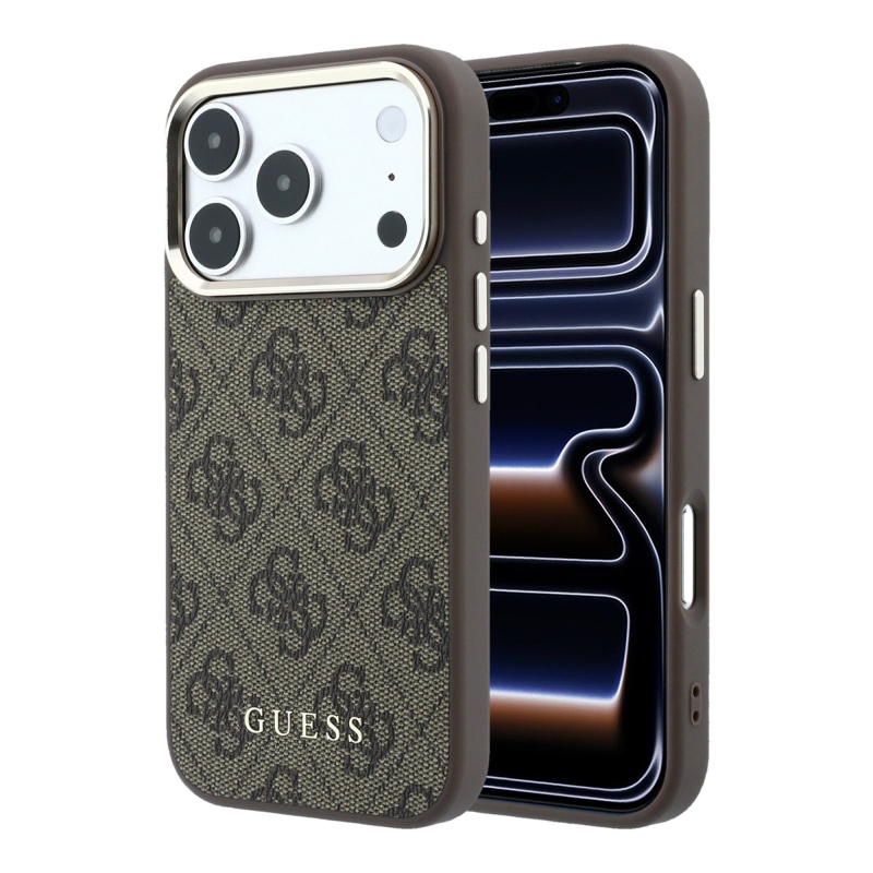 Guess PU Leather 4G Gold Frame MagSafe zadný kryt pre iPhone 18 Pro Max, hnedý