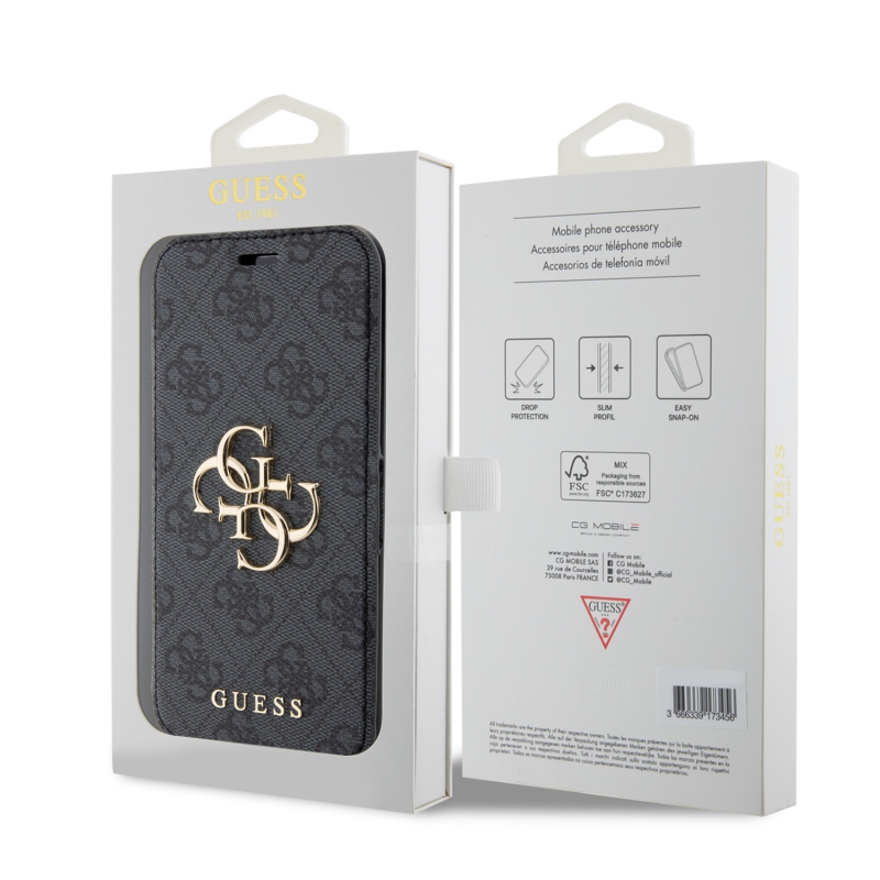 Guess PU Leather 4G Metal Logo Book Puzdro pre iPhone 15 Grey