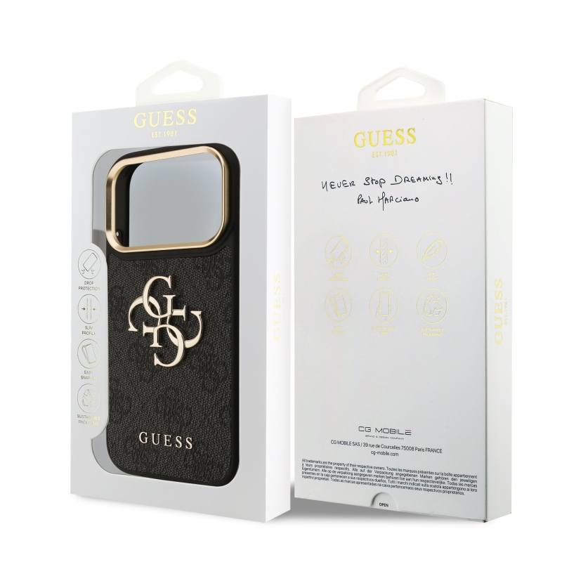 Guess PU koža 4G kovové logo so zlatým rámom – zadný kryt pre iPhone 18 Pro, čierny
