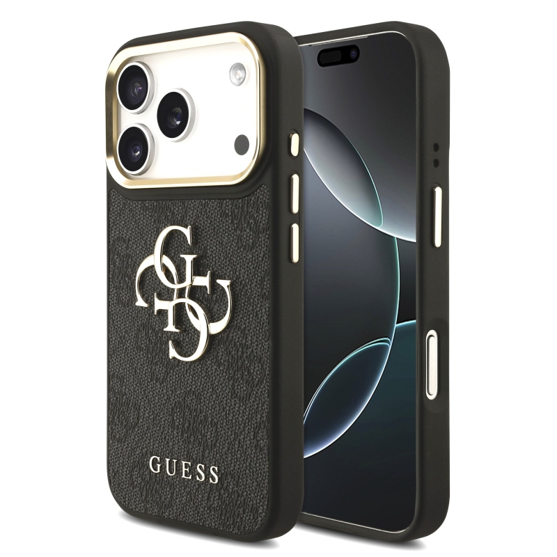 Guess PU koža 4G kovové logo so zlatým rámom – zadný kryt pre iPhone 18 Pro, čierny